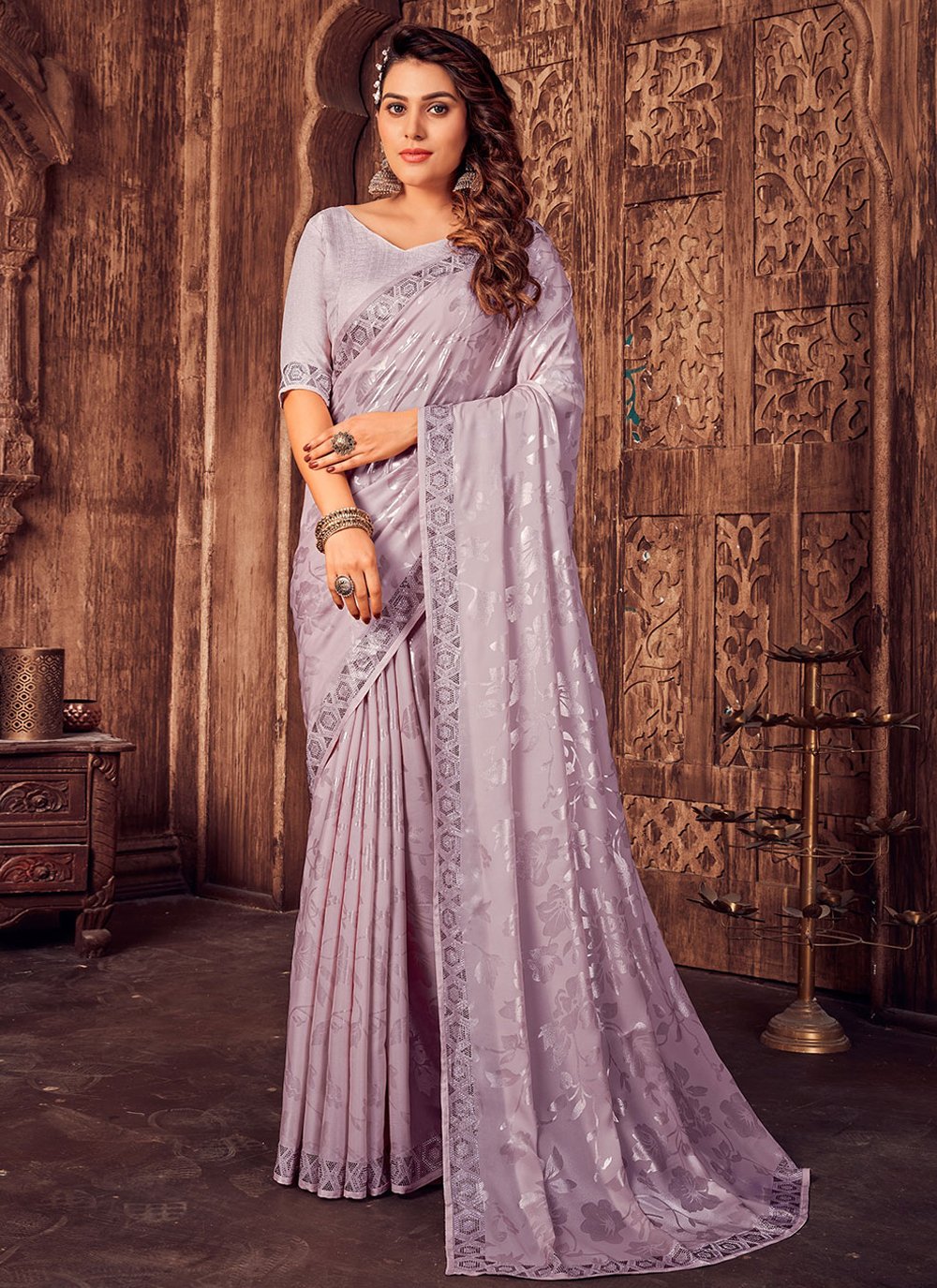 Classic Satin Silk Lavender Foil Print Saree