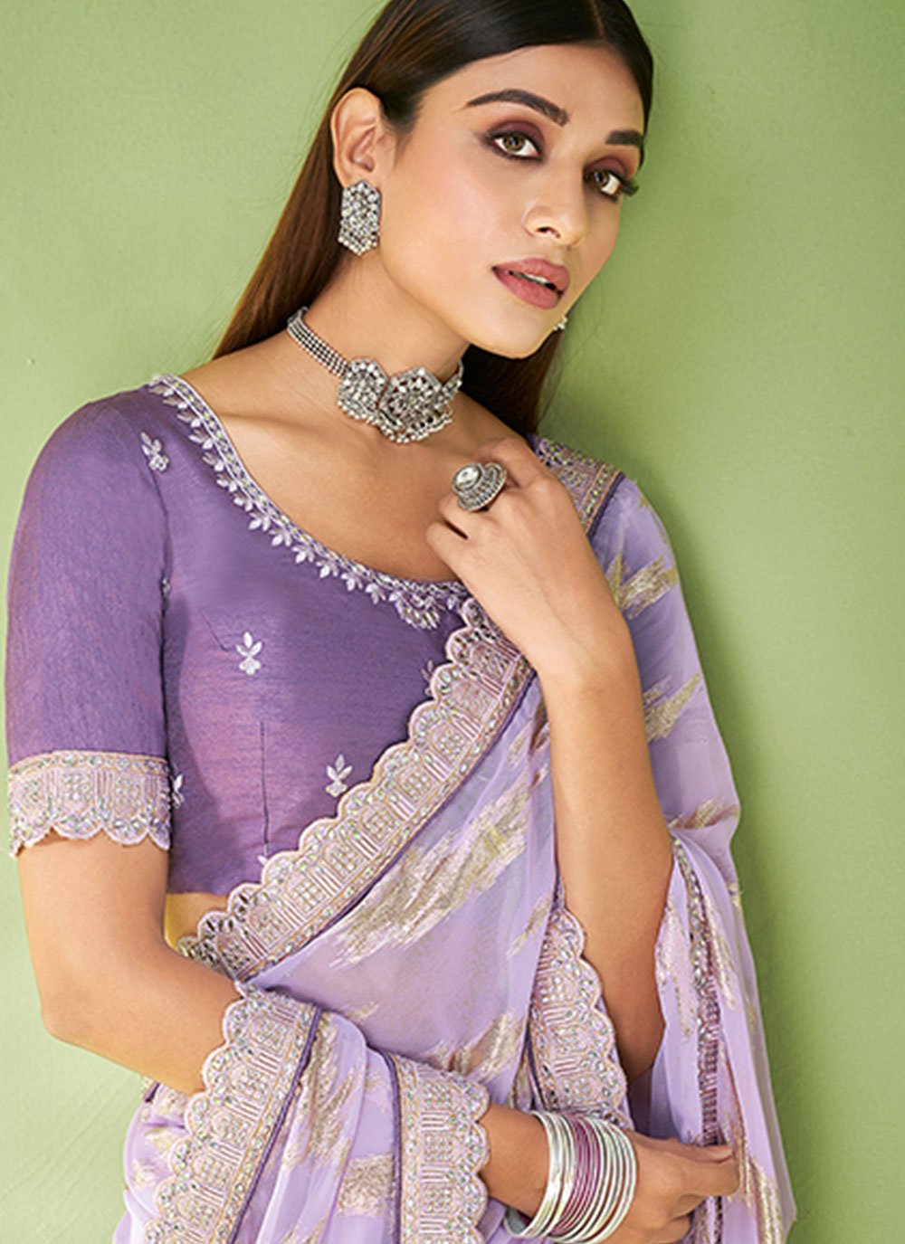 Trendy Saree Georgette Jacquard Lavender Foil Print Saree