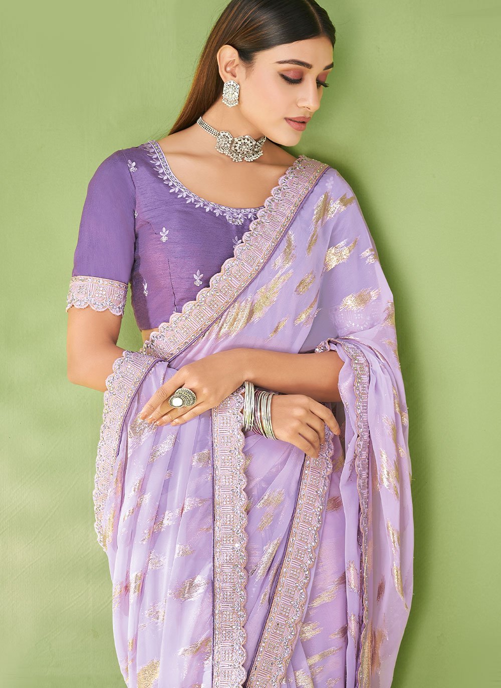 Trendy Saree Georgette Jacquard Lavender Foil Print Saree