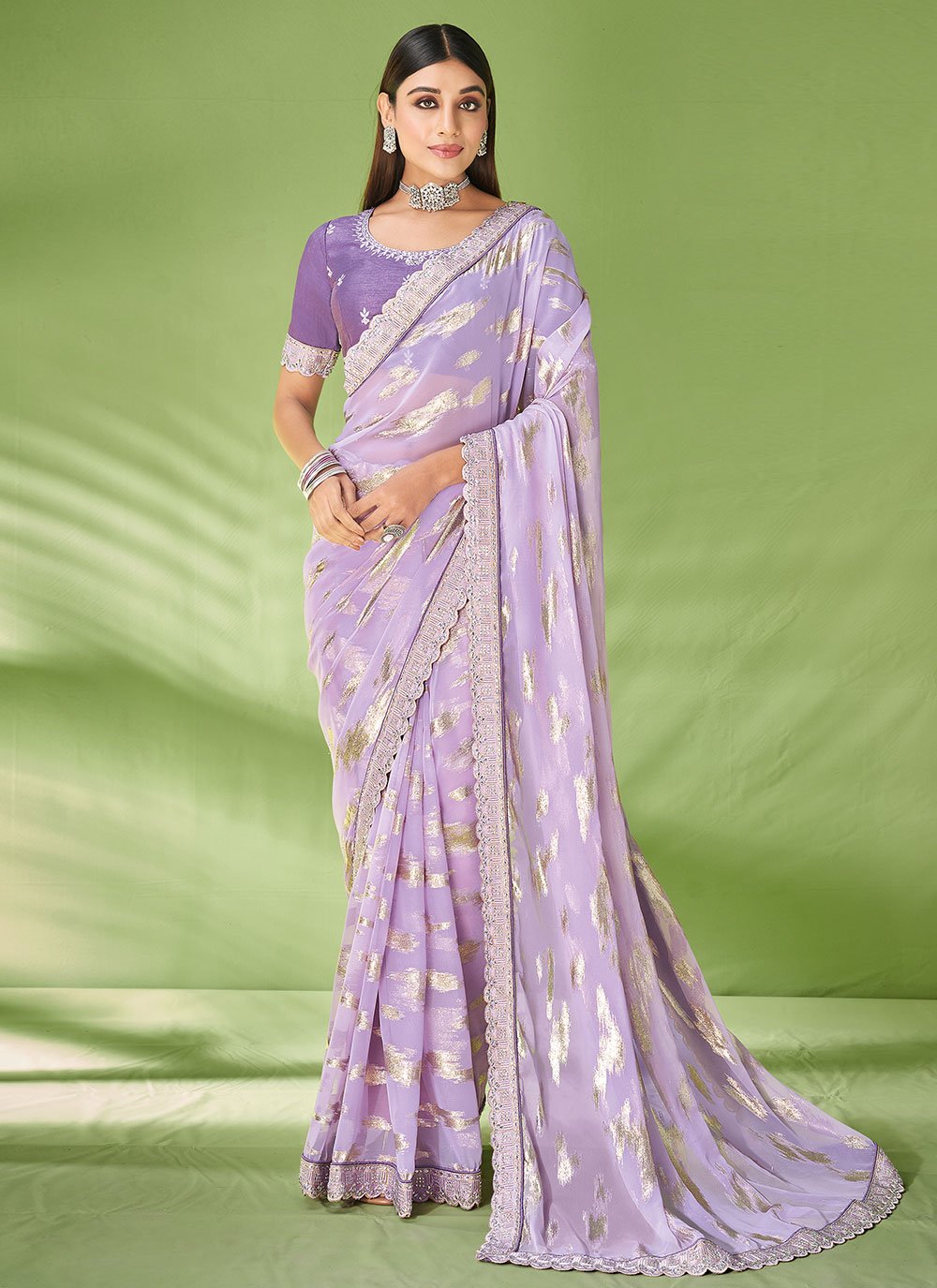 Trendy Saree Georgette Jacquard Lavender Foil Print Saree