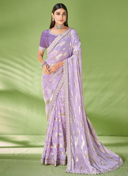 Trendy Saree Georgette Jacquard Lavender Foil Print Saree