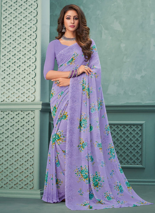 Trendy Saree Georgette Lavender Floral Patch Saree