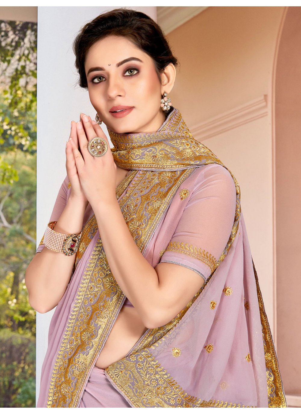 Classic Georgette Lavender Embroidered Saree