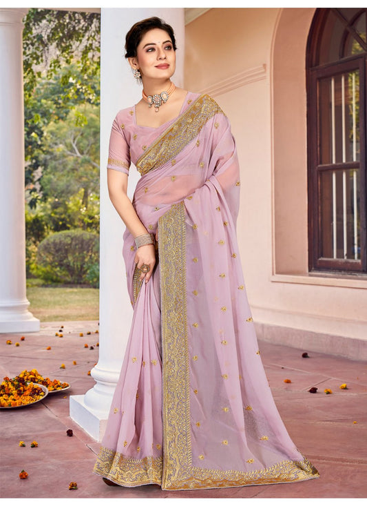 Classic Georgette Lavender Embroidered Saree