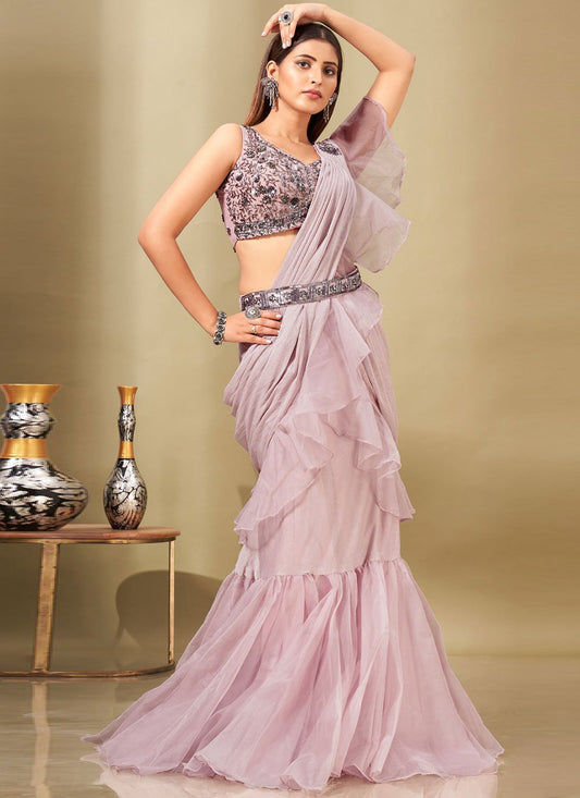 Lehenga Style Saree Imported Organza Lavender Ruffle Saree