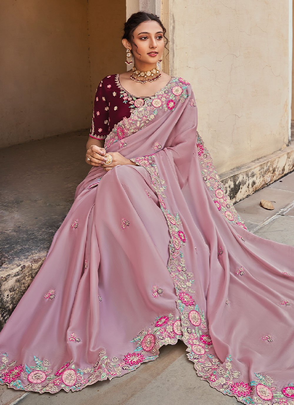 Classic Organza Tissue Lavender Embroidered Saree