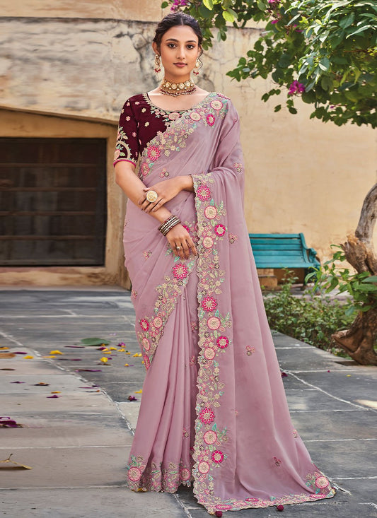 Classic Organza Tissue Lavender Embroidered Saree