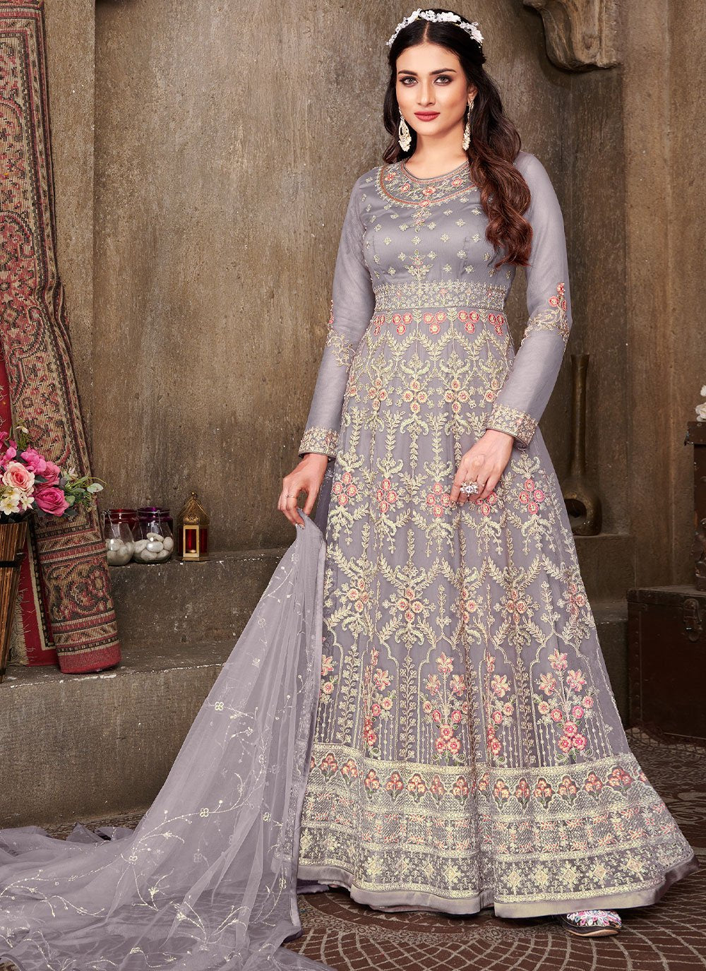 Salwar Suit Net Lavender Embroidered Salwar Kameez