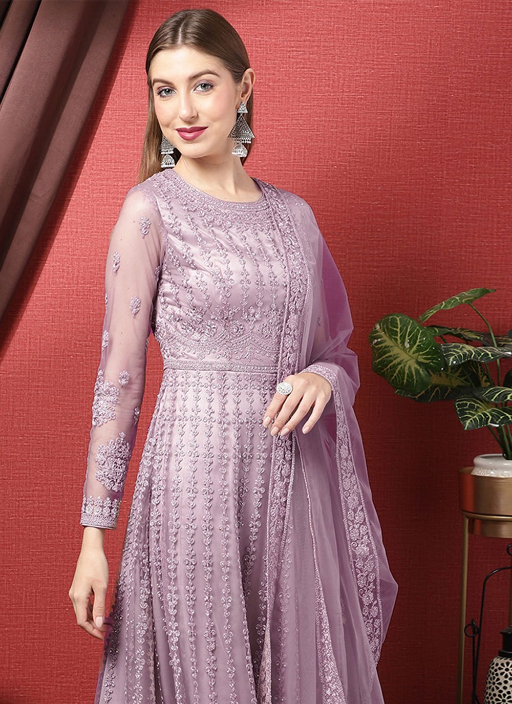 Floor Lenght Salwar Suit Net Lavender Embroidered Salwar Kameez