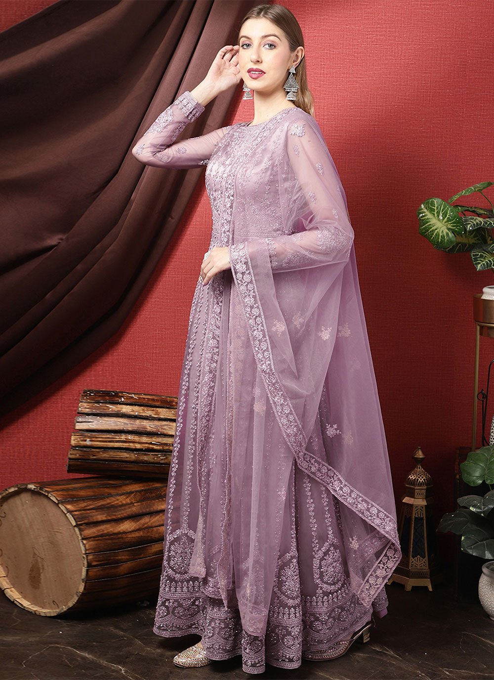 Floor Lenght Salwar Suit Net Lavender Embroidered Salwar Kameez