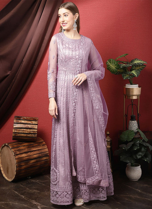 Floor Lenght Salwar Suit Net Lavender Embroidered Salwar Kameez