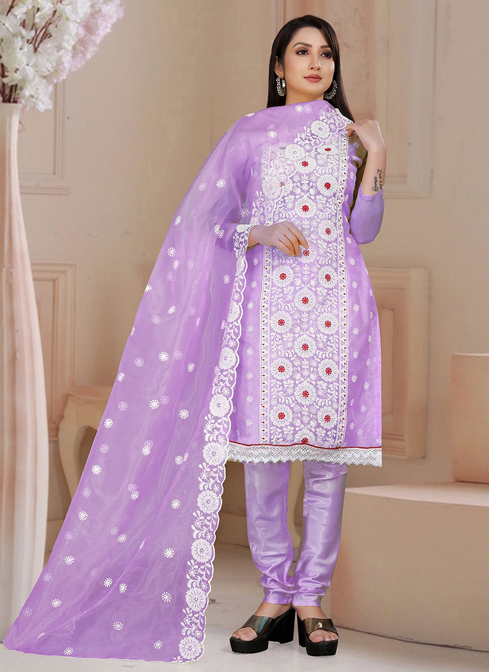 Salwar Suit Organza Lavender Embroidered Salwar Kameez