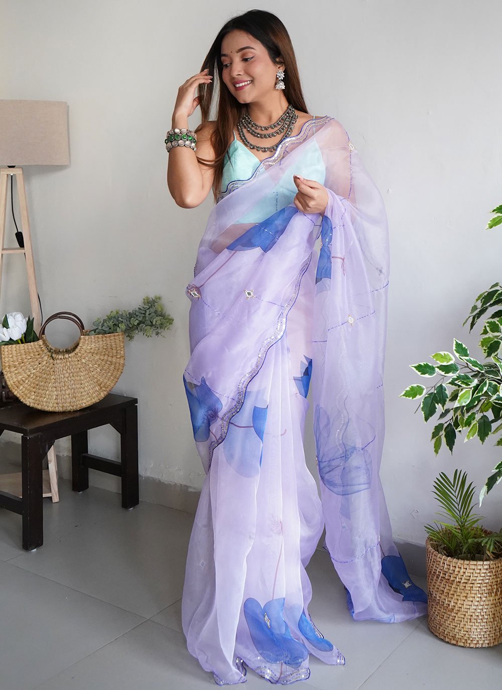 Classic Organza Lavender Cut Work Saree