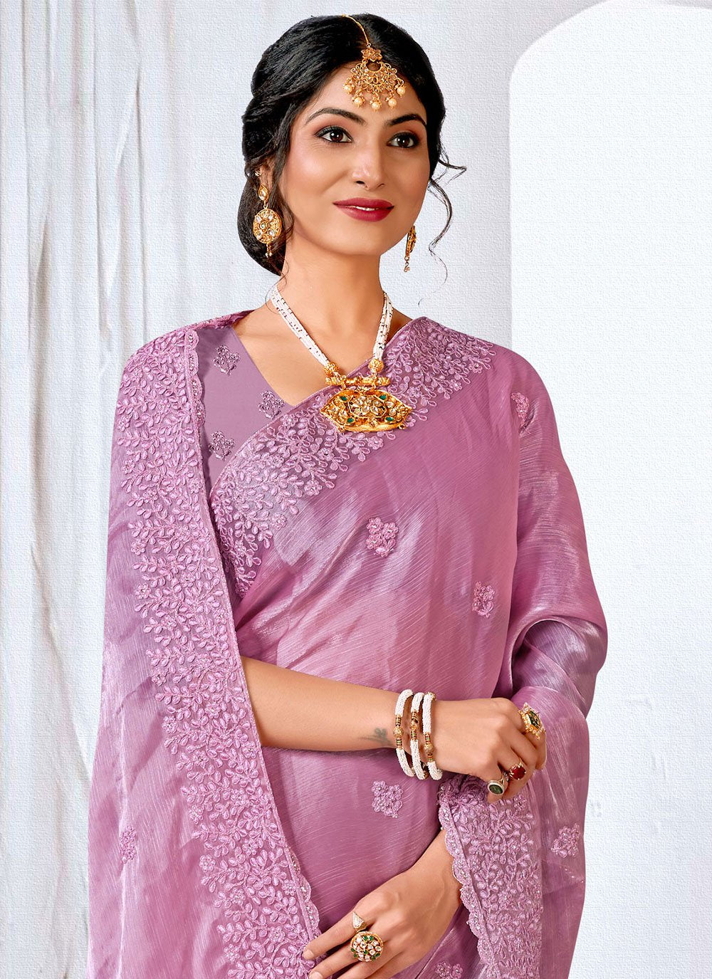 Contemporary Organza Lavender Embroidered Saree