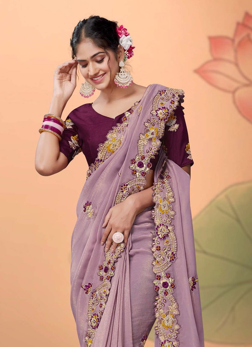 Designer Organza Lavender Embroidered Saree