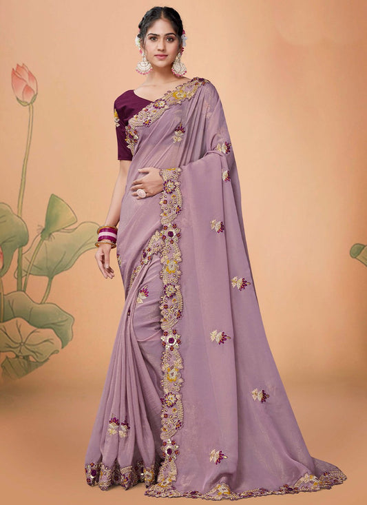 Designer Organza Lavender Embroidered Saree