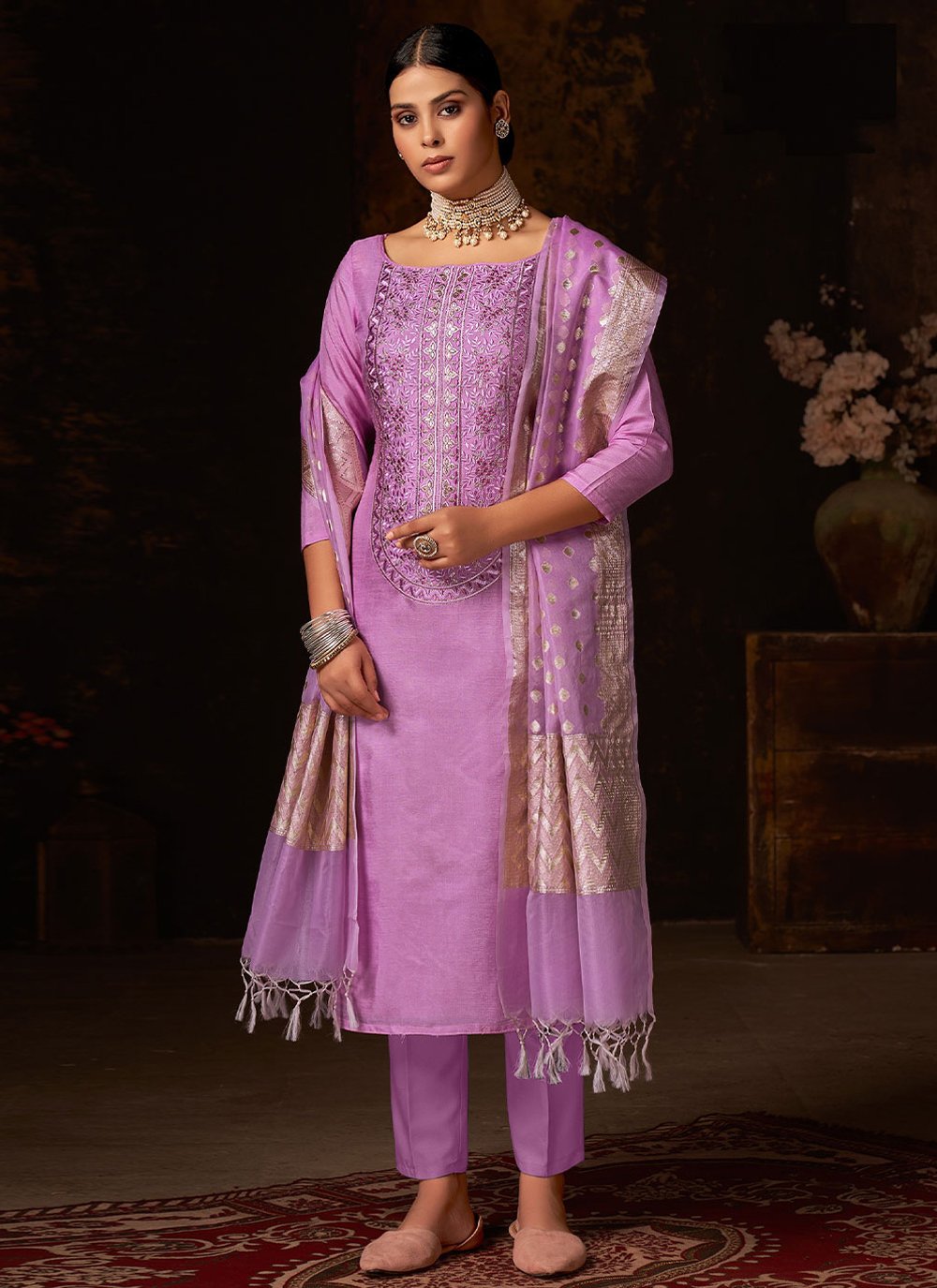 Pant Style Suit Silk Lavender Embroidered Salwar Kameez