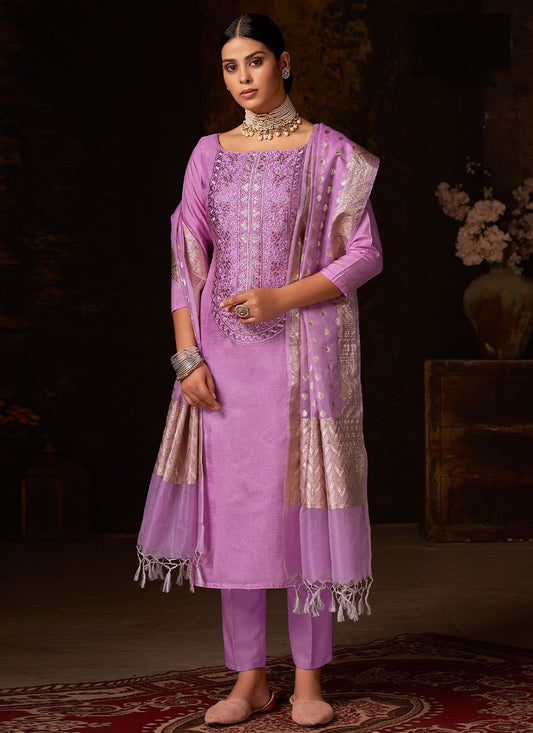 Pant Style Suit Silk Lavender Embroidered Salwar Kameez