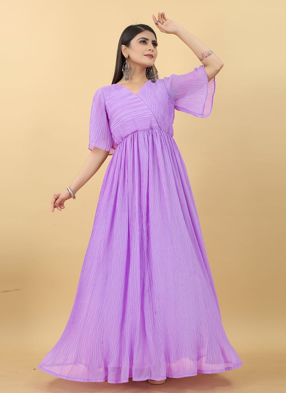 Gown Georgette Lavender Plain Gown