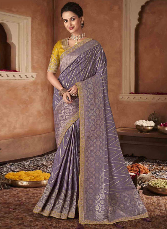 Contemporary Pure Dola Lavender Patch Border Saree