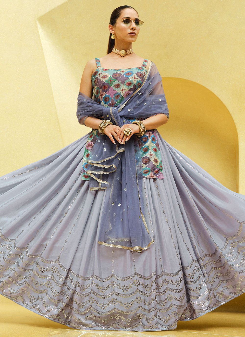 Lehenga Choli Chinon Silk Lavender Embroidered Lehenga Choli