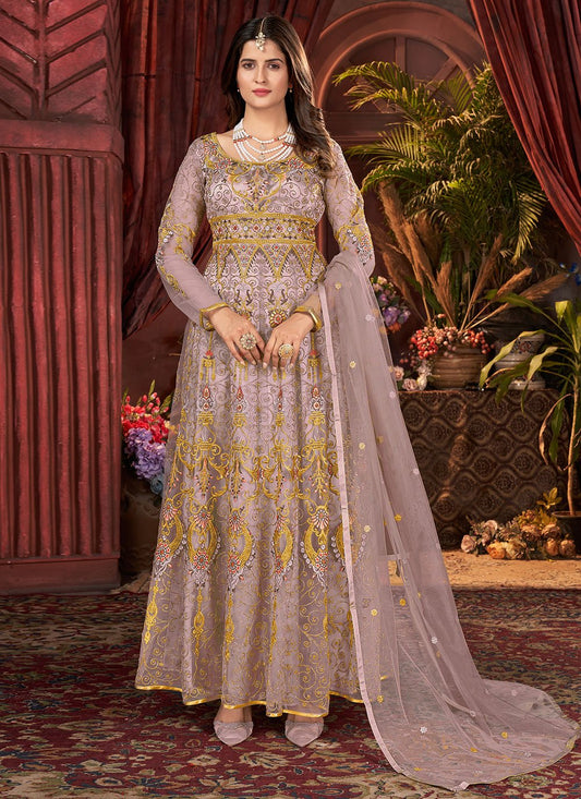 Anarkali Suit Net Lavender Embroidered Salwar Kameez