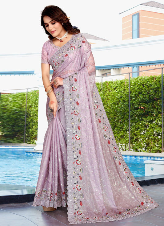 Contemporary Crepe Silk Lavender Embroidered Saree