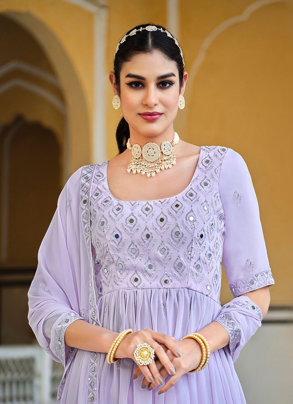 Palazzo Salwar Suit Georgette Lavender Embroidered Salwar Kameez