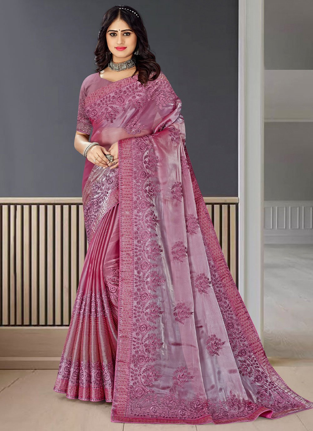 Classic Fancy Fabric Lavender Embroidered Saree