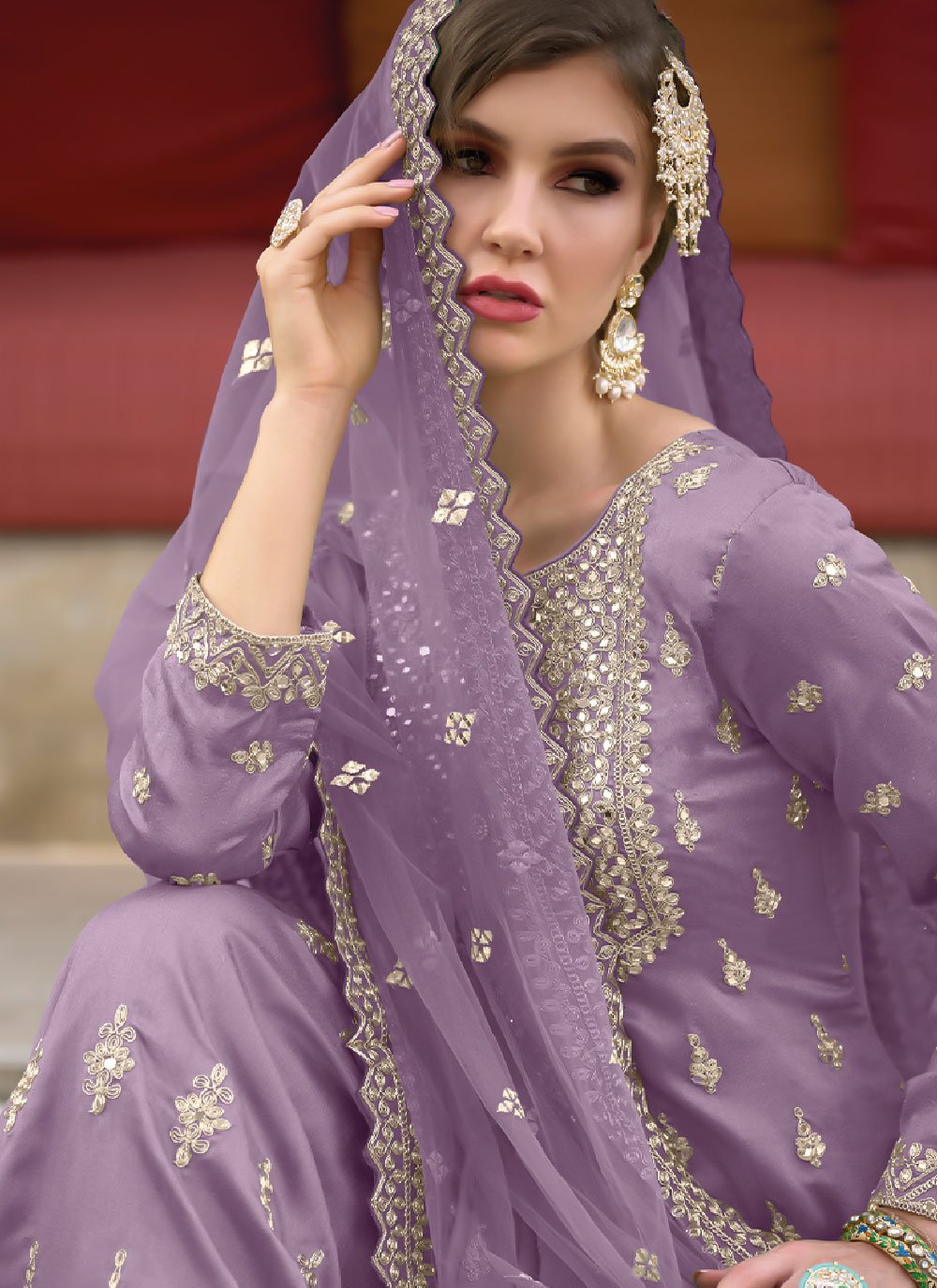 Palazzo Salwar Suit Silk Lavender Embroidered Salwar Kameez