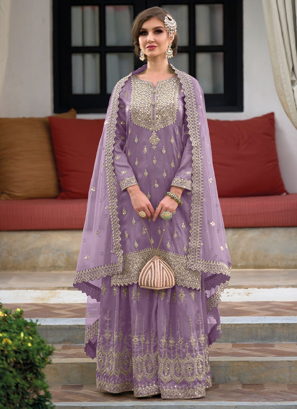 Palazzo Salwar Suit Silk Lavender Embroidered Salwar Kameez