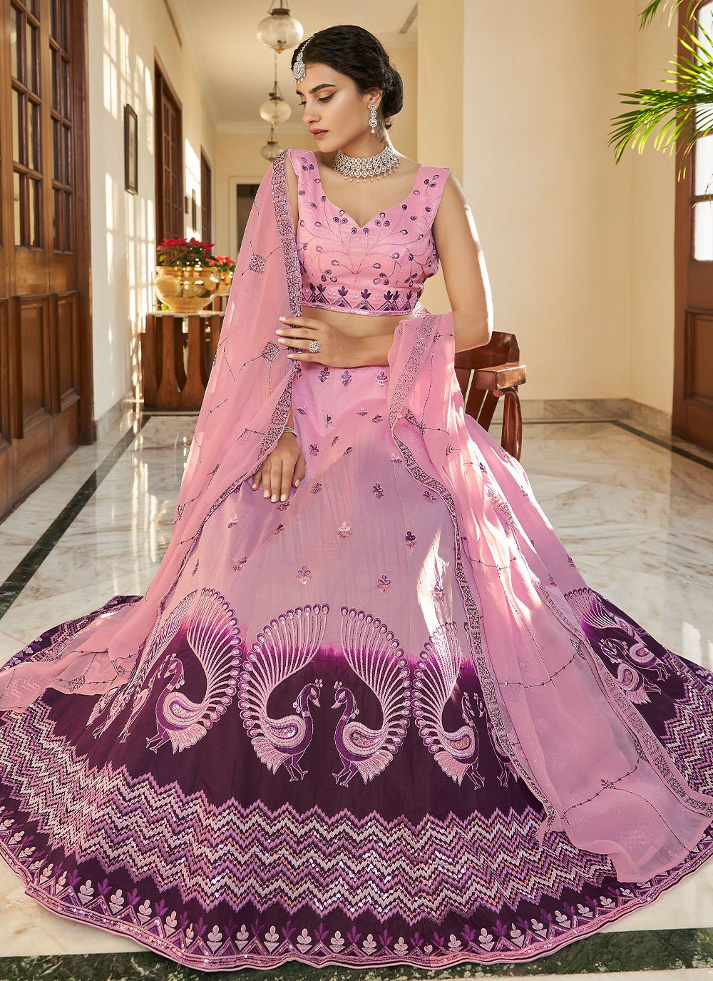 A Line Lehenga Art Silk Lavender Embroidered Lehenga Choli