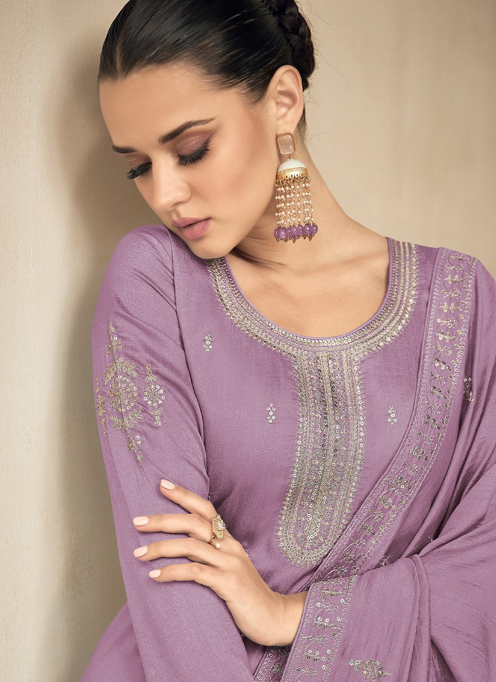 Salwar Suit Silk Lavender Embroidered Salwar Kameez