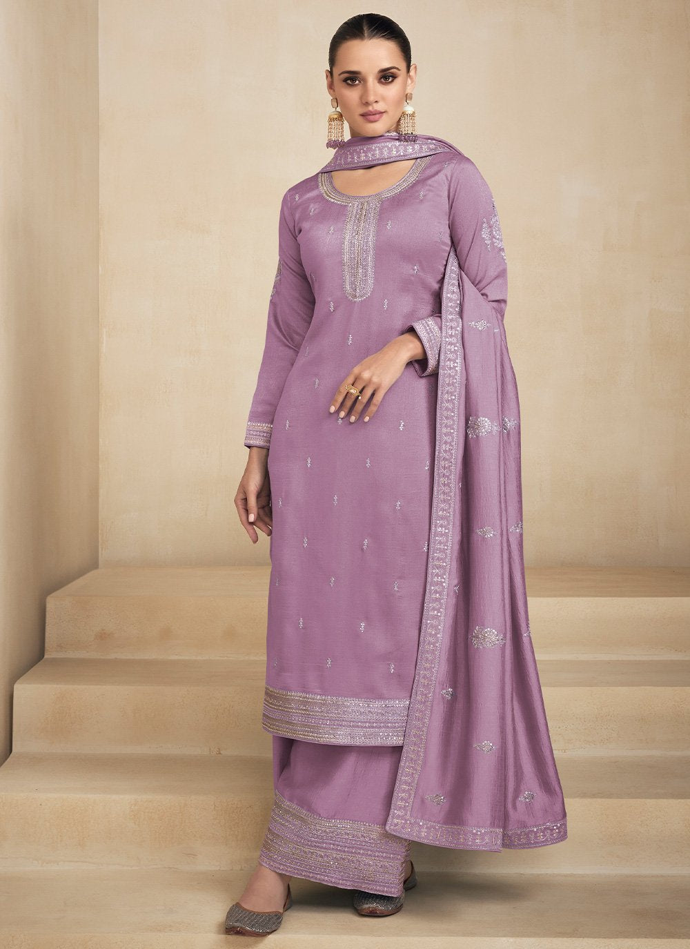 Salwar Suit Silk Lavender Embroidered Salwar Kameez