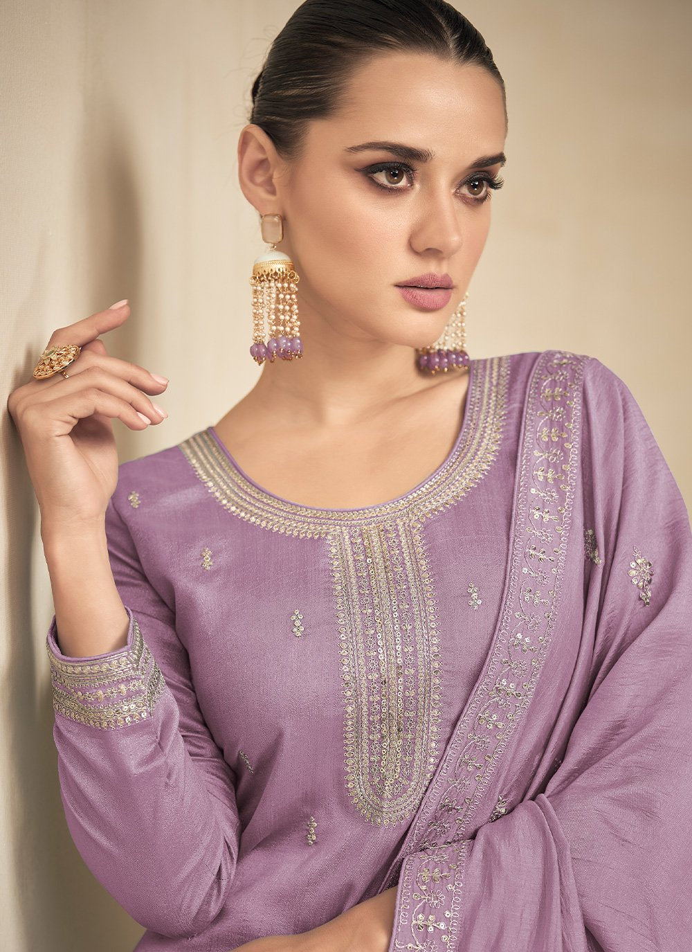 Salwar Suit Silk Lavender Embroidered Salwar Kameez