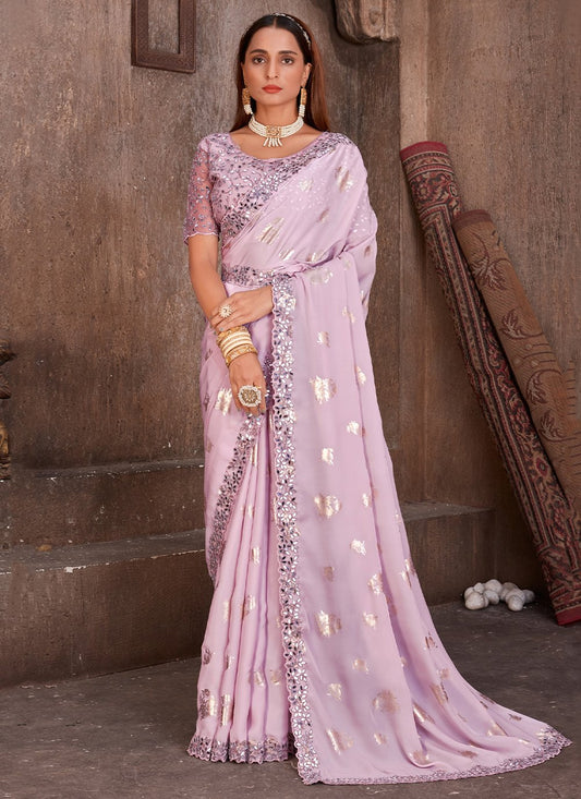 Trendy Saree Foil Silk Lavender Cord Work Saree