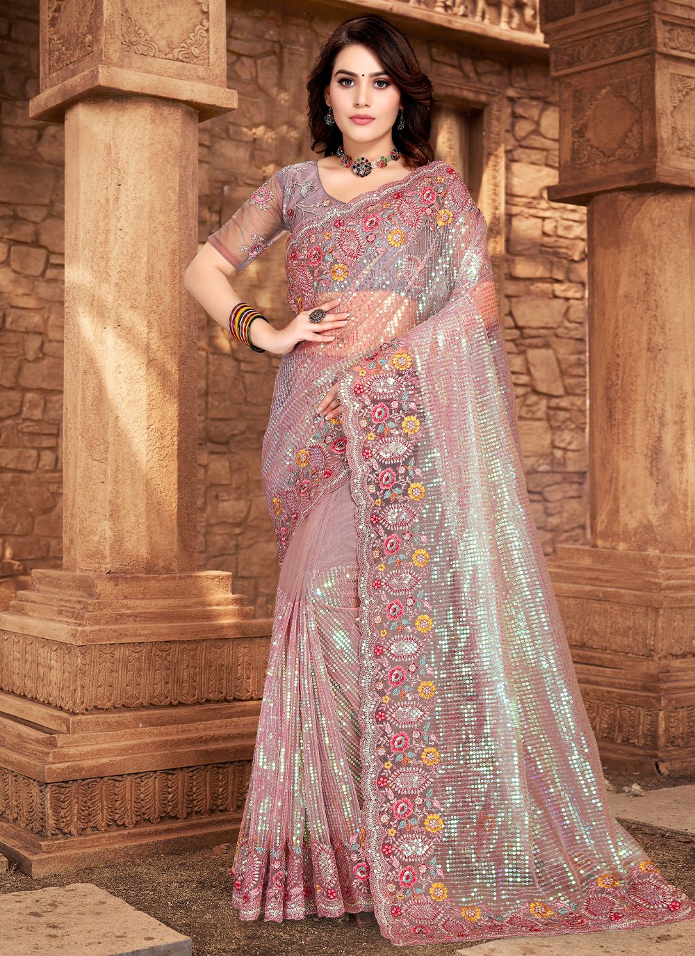 Traditional Saree Net Lavender Embroidered Saree