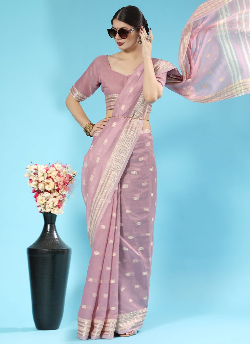 Classic Cotton Lucknowi Lavender Chikankari Work Saree