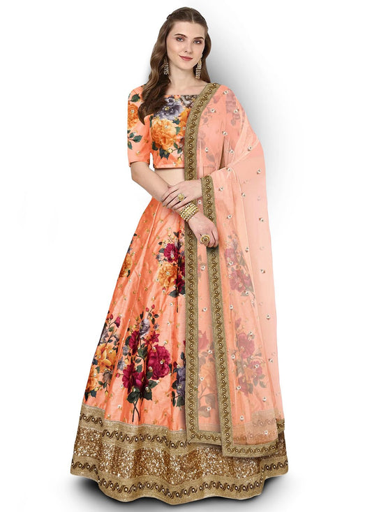 Lehenga Choli Art Silk Peach Digital Print Lehenga Choli