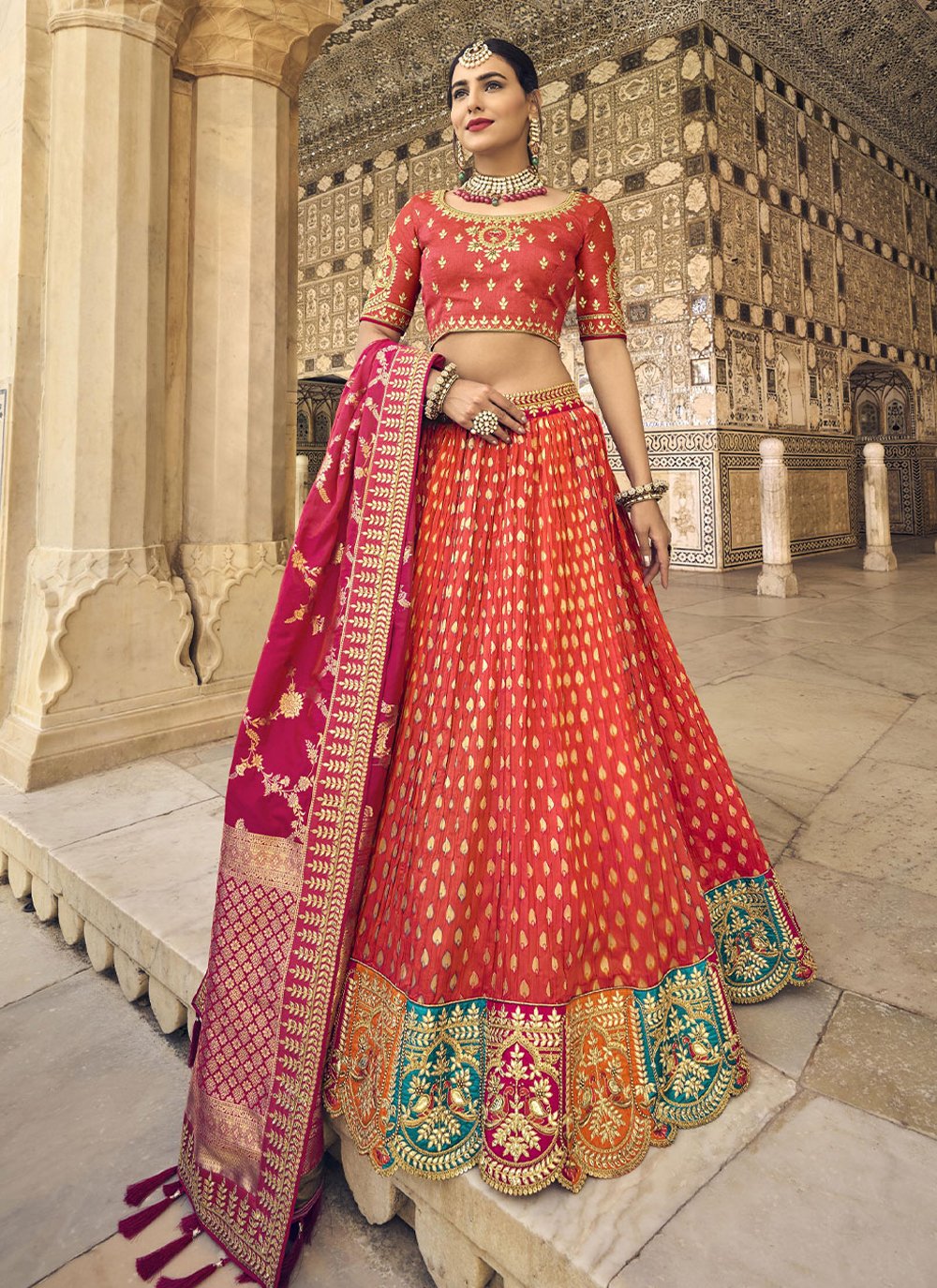 Lehenga Choli Banarasi Silk Red Embroidered Lehenga Choli