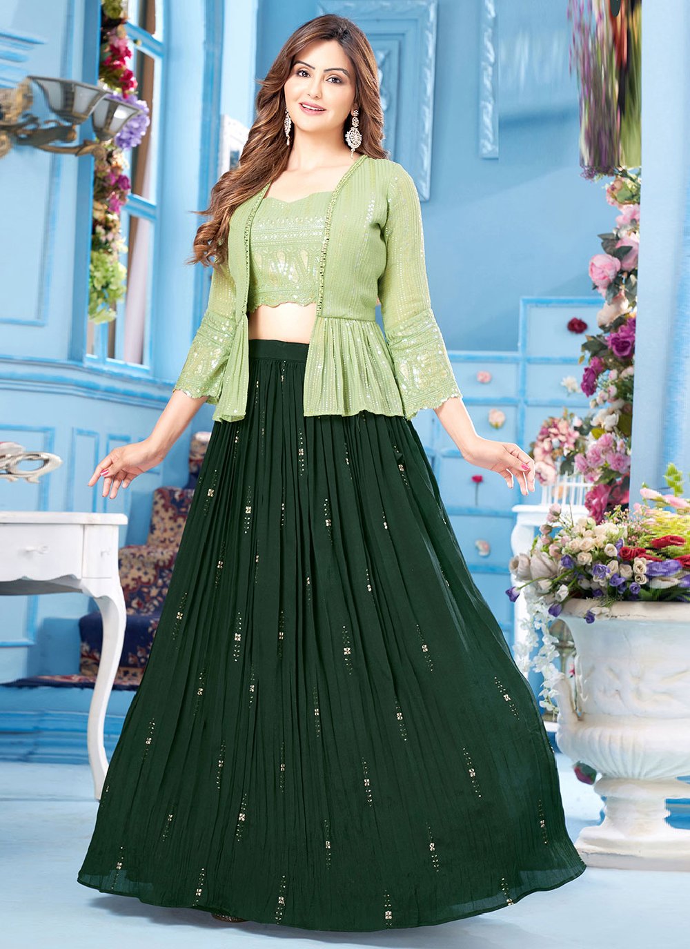 Lehenga Choli Georgette Green Sea Green Embroidered Lehenga Choli