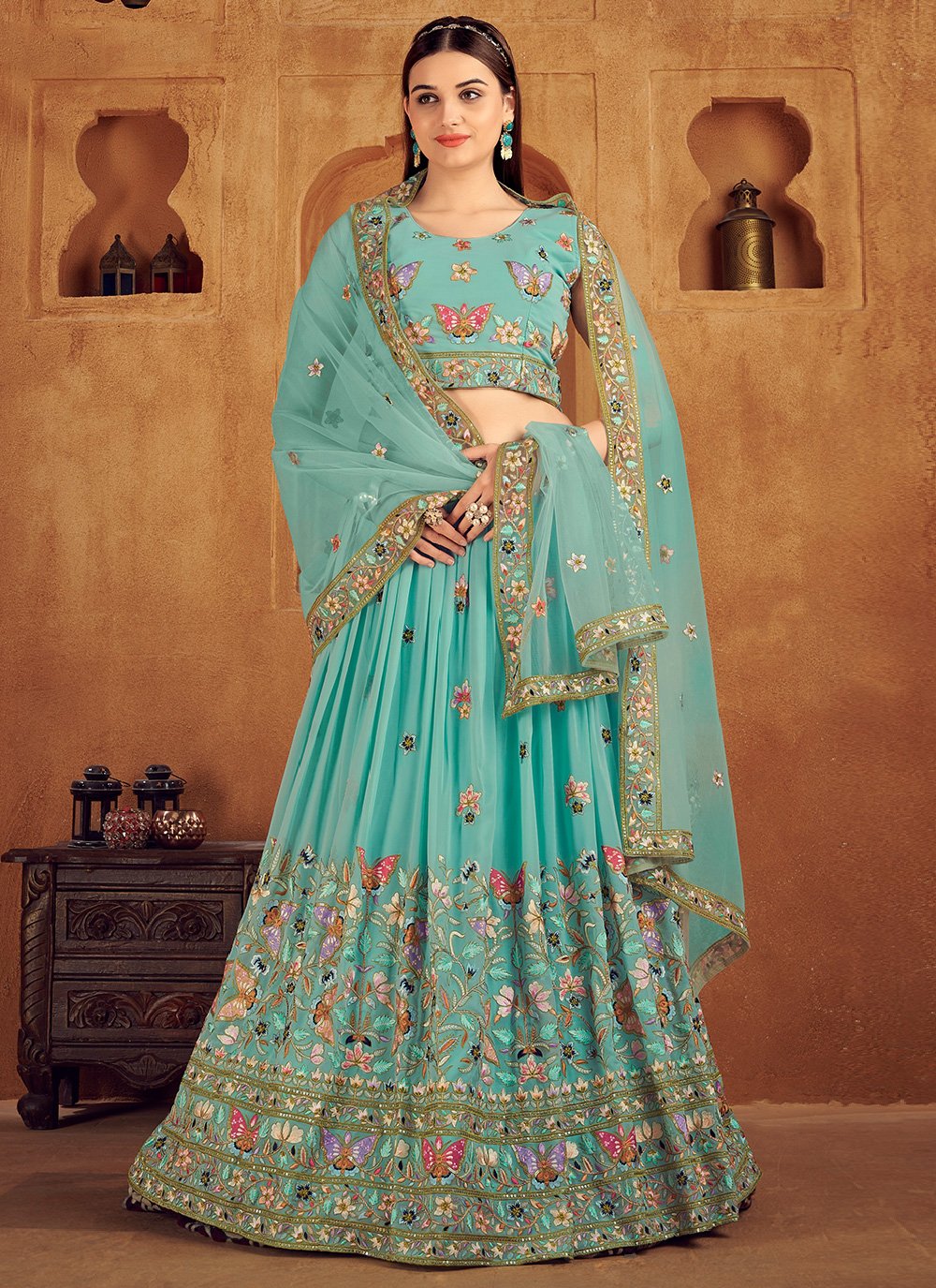 Lehenga Choli Georgette Sea Green Embroidered Lehenga Choli