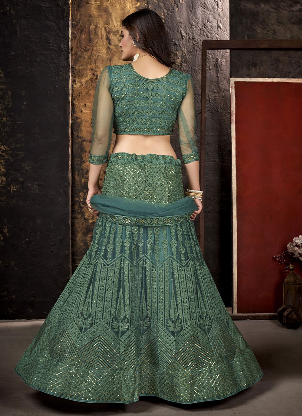 Lehenga Choli Net Green Embroidered Lehenga Choli