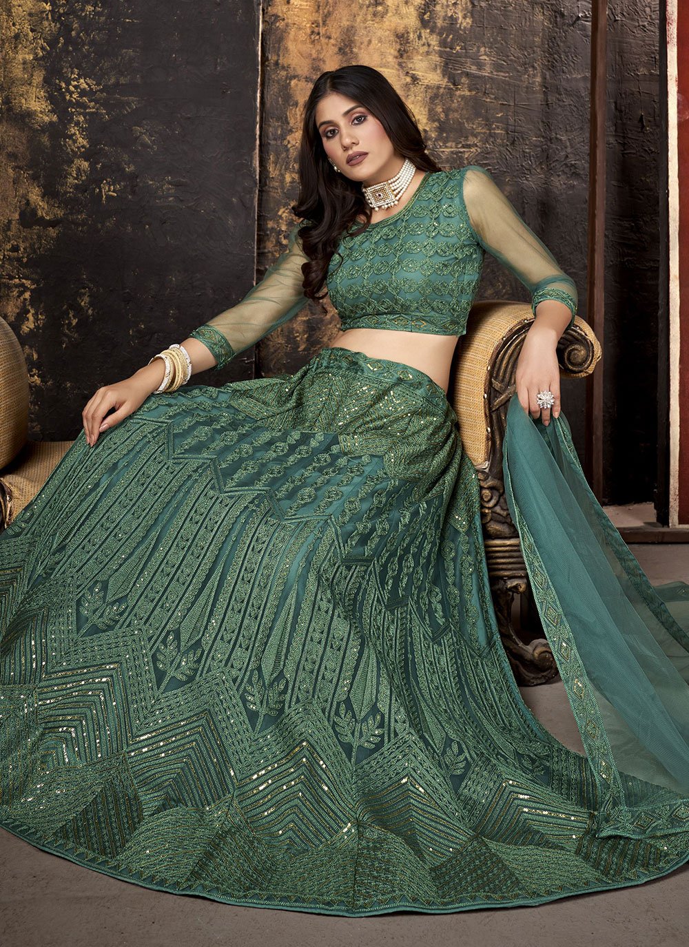 Lehenga Choli Net Green Embroidered Lehenga Choli