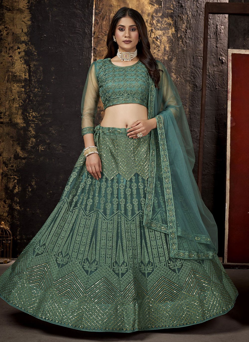 Lehenga Choli Net Green Embroidered Lehenga Choli