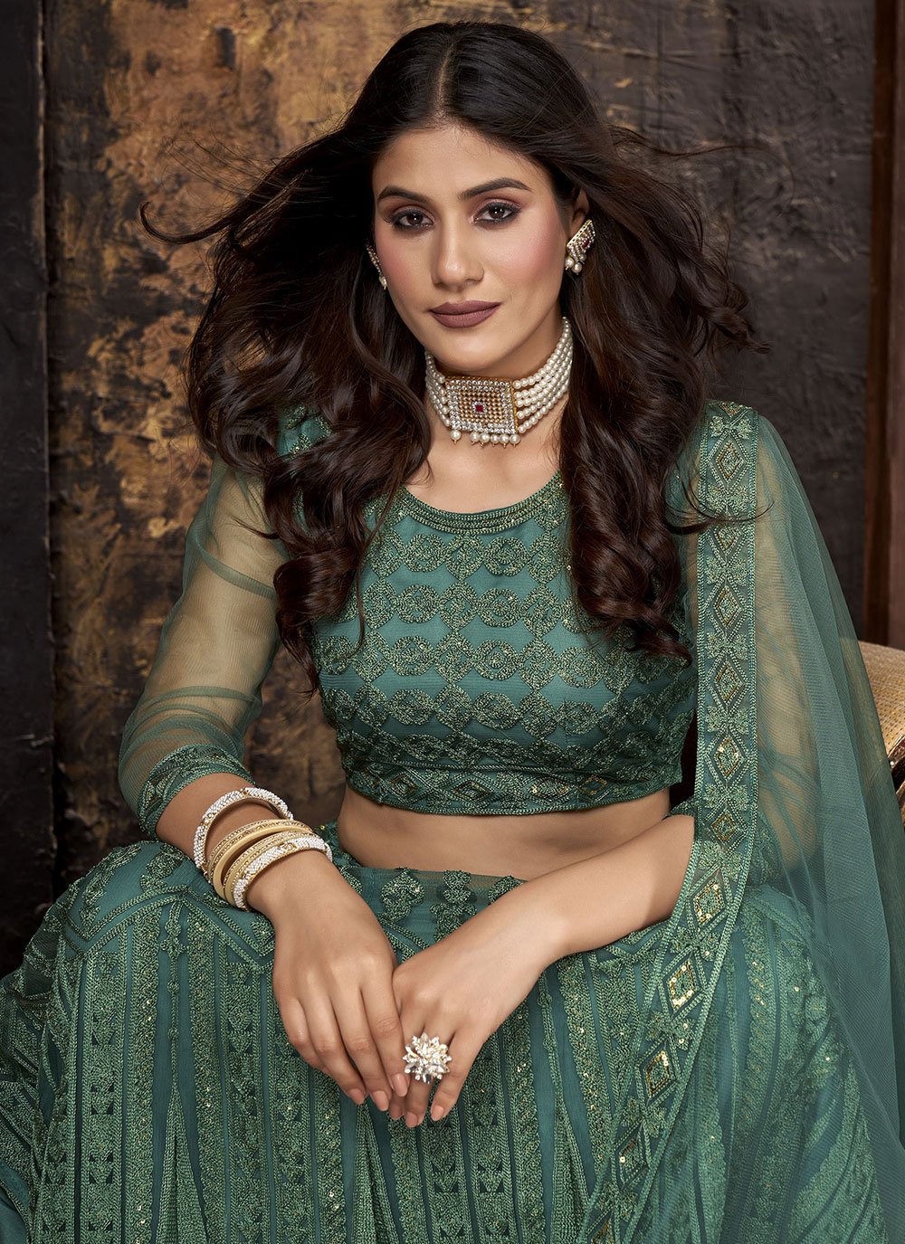 Lehenga Choli Net Green Embroidered Lehenga Choli