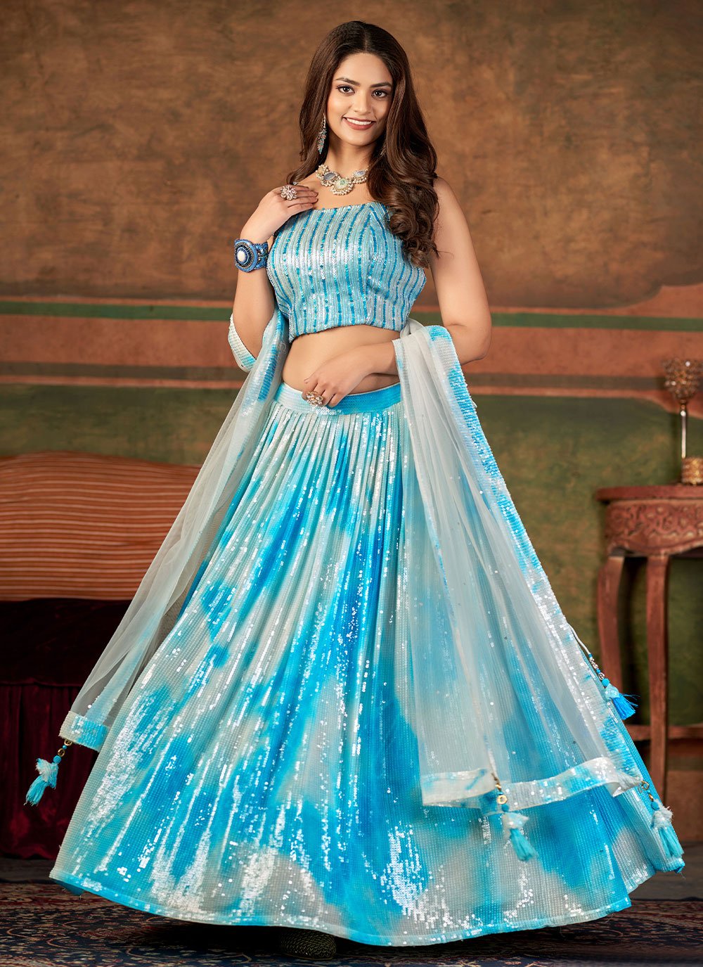 Lehenga Choli Pure Georgette Aqua Blue Embroidered Lehenga Choli