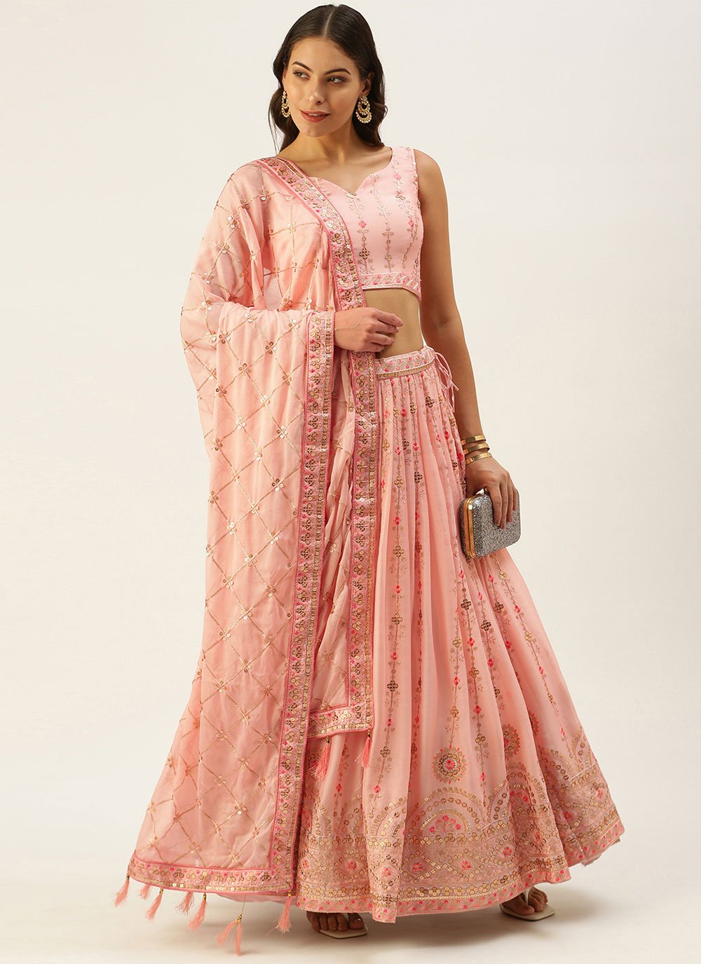 Lehenga Choli Pure Georgette Pink Embroidered Lehenga Choli