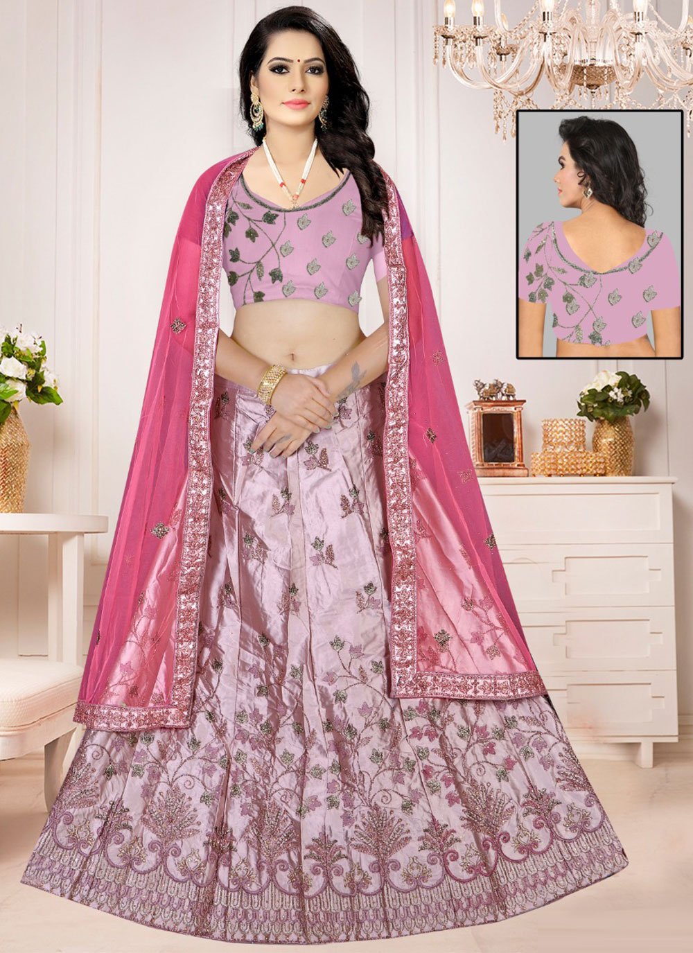 Lehenga Choli Satin Silk Pink Embroidered Lehenga Choli