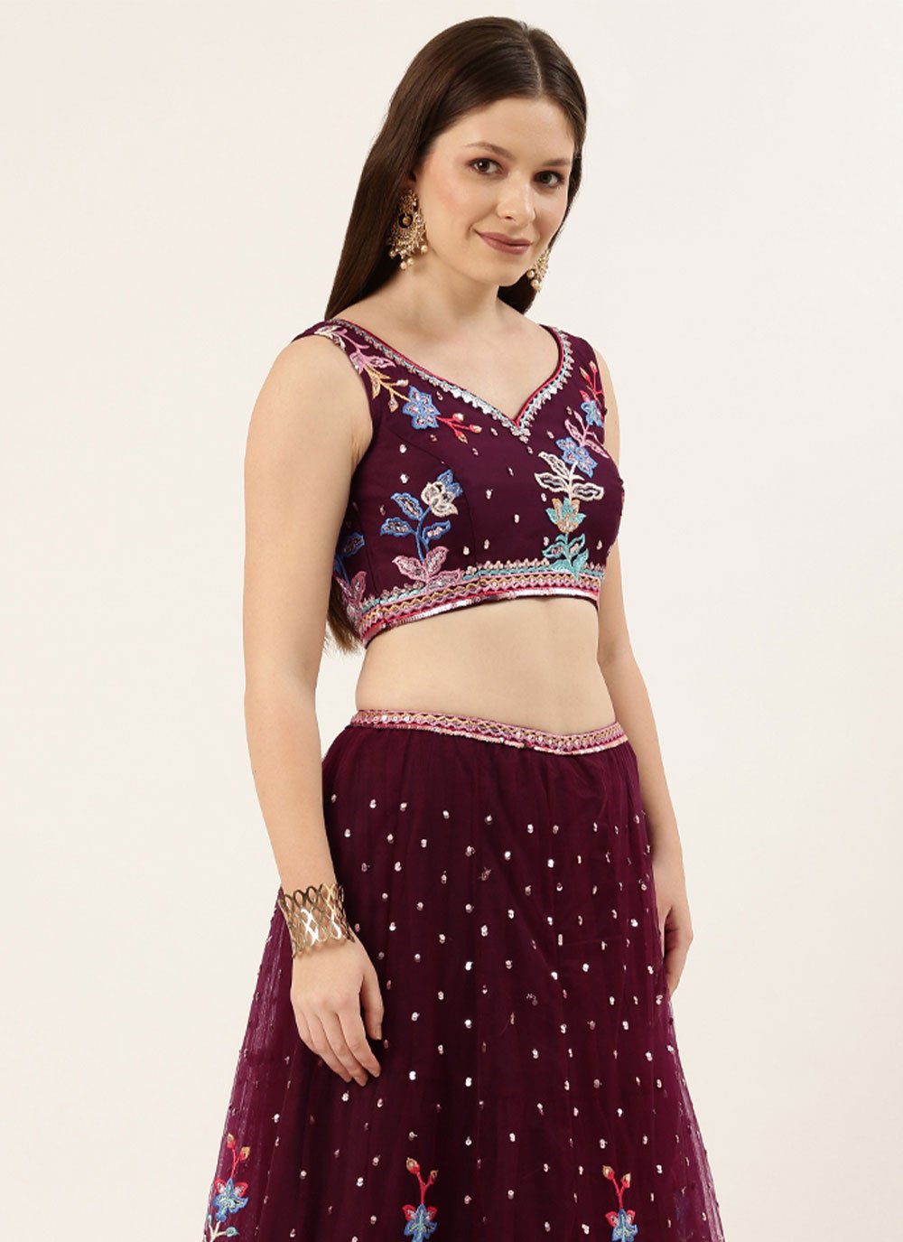 Lehenga Choli Net Burgundy Embroidered Lehenga Choli